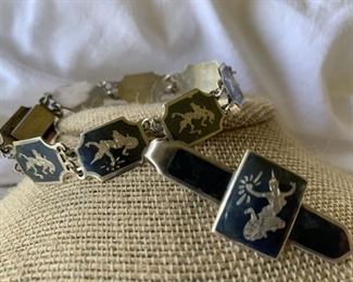 Vtg Sterling Silver Siam Bracelet and Tie Clip