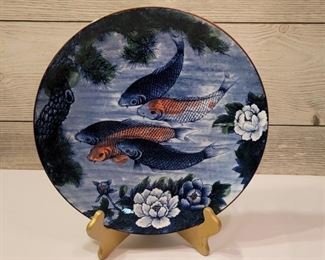 Japanese Koi Theme Plate with Gold Stand, signed