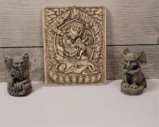 (3) Gargoyle Decor, 2 Figurines & a Wall Plaque