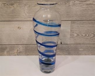 Hand Blown Art Glass Vase with Blue Swirl