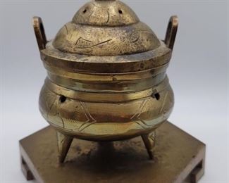 Vintage Chinese Brass Incense Burner on Brass Stand