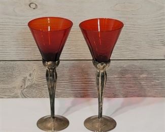 (2) Ruby Red Crystal on Silver Plate Stems by International Silver Company