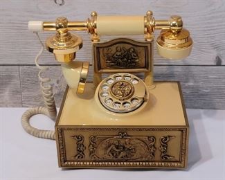 Vintage Princess French Rotary Cradle Phone. Hard Plastic with Brass Ormolu.  Wired for US.  Circa 1970's  