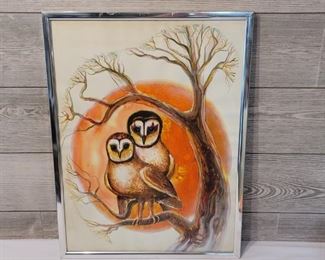 Mid Century Framed Watercolor, 2 Owls in Tree