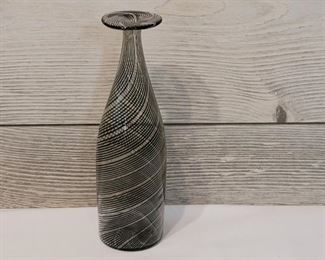 Mouth Blown Art Glass Black Swirl Bottle Vase