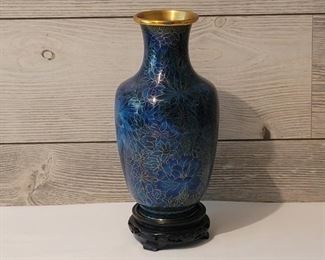 Blue Lotus Cloisonné over Brass Vase on Stand
