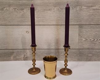 (3) Brass, 2 Candlesticks and a Vase