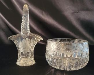 (2) Crystal Bowl and Handled Basket