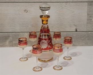 Bohemian Cranberry, Gold Decanter Set w 6 Cordials