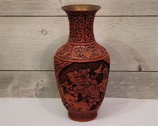 Vintage Chinese Carved Cinnabar Lacquered Vase. High Relief Carved Birds on Branches