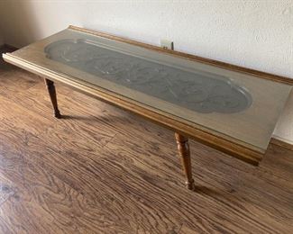 MidCentury Coffee Table, Inset Carving Under Glass
