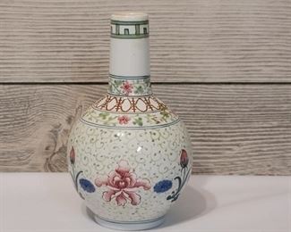 Oriental Gourd Vase White with Pink Flower & Green