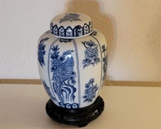 Vintage Blue & White Ginger Jar on Base, Japan