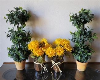 (4) Faux Potted Plants, 2 Topiaries & 2 Mums