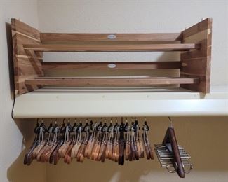 Men's Closet Lot with Cedar Shoe Rack, Tie Rack, Wooden Slacks Hangers, and Wooden Shoe Stretchers.  Shoe Rack is by  Johnston & Murphy
