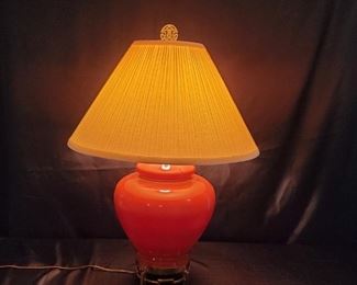 Orange Ceramic Table Lamp w Asian Finial & Shade