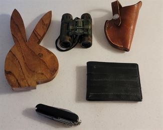 Gentleman's Lot, Field Glasses, Walker, Pocket Knife  & a Playboy Bunny Wooden Decor