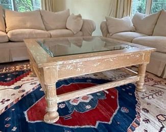 Chunky Distressed Square Wood Cocktail / Coffee Table with Glass Inset