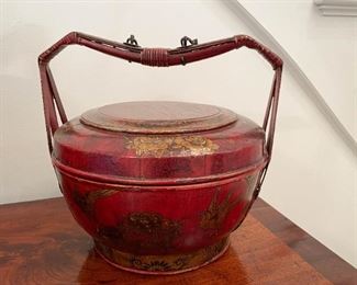 Chinese Painted Red Lacquer Wooden Basket with Lid 