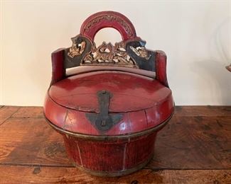 Chinese Red Lacquer Wooden Basket with Lid 