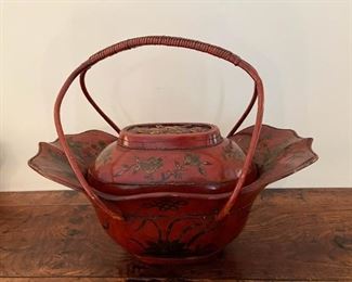 Chinese Painted Red Lacquer Wooden Basket with Lid 