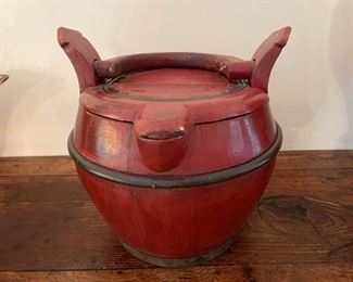 Chinese Red Lacquer Wooden Basket with Lid 