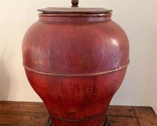Chinese Painted Red Lacquer Wooden Container / Urn with Lid 