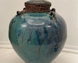 Large Pottery Vase with Blue Glaze 