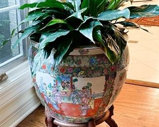 Chinese Porcelain Planter / Goldfish Bowl with Tropical Plant and Wooden Stand