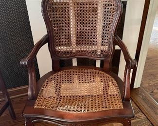 Carved Wood Open Armchair with Cane Back & Seat