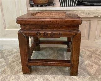 Small Asian Wooden Stool with Rattan Top