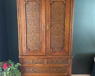 Pretty Wood & Wicker TV Armoire with Lower Drawers