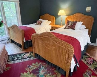 Pair of Twin-Size Wicker Beds, Bed Linens
