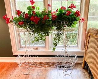 White Metal Plant Stand with Faux Flowers