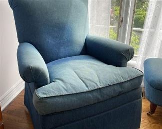 Denim Upholstered Armchair with Ottoman
