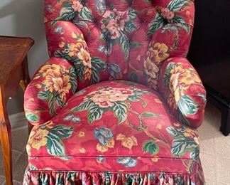 Tufted & Skirted Armchair with Red Floral Upholstery
