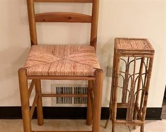 Tall Wooden Chair with Rush Seat, Bamboo Plant Stand
