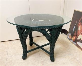 Green Wicker Side Table with Glass Top