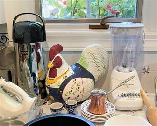 Blender, Coffee Server, Decorative Rooster, Egg Cups, Copper Butter Warmer, Etc.