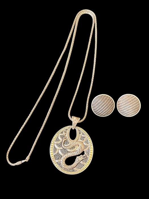 John Hardy - Legends Naga Pendant - Silver, 18K Gold, Black Saphires. Chain is 17.5" Long. John Hardy Silver and Wood(?) Button Earrings.