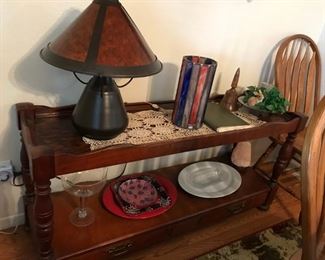 Low shelf unit with contemporary arts and crafts lamp (1 of 2).