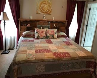Queen size bed (complete); includes headboard and storage drawers underneath mattress & springs.