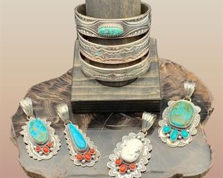 New Native American sterling silver jewelry with high-grade turquoise, coral and white buffalo by Roland Dixson, all 50% off
