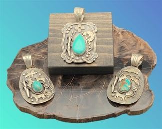 New Native American sterling silver and turquoise storyteller pendants by Lorenzo Juan, all 50% off