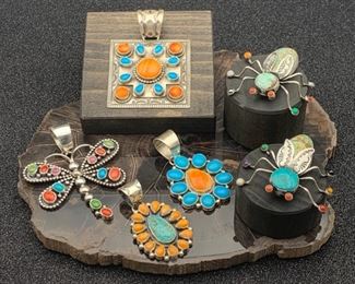 New Native American sterling silver and multi-stone jewelry by Darren Livingston, Delbert Doss, Donovan Cadman, Geraldine James and Herbert Ration, all 50% off