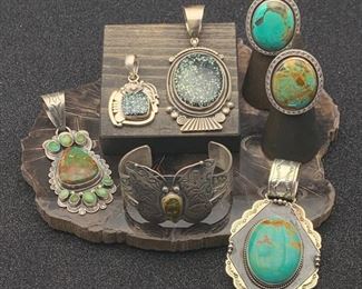 New Native American sterling silver and high-grade turquoise including New Lander and Royston by some of the finest Navajo artists in New Mexico, all 50% off