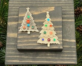 Rare new Native American sterling silver and multi-stone Christmas tree pins (one is also a pendant,) all 50% off