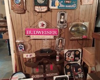 Beer signs,  sport plaques and clocks