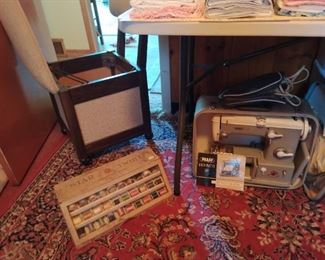 Vintage sewing chair
Phaff 360 sewing machine
American thread company Star Twist threads storage box with thread
