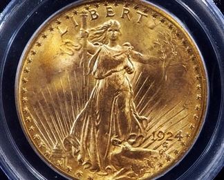 1924 St. Gaudens Double Eagle $20 Gold Coin, Slabbed By PCGS, Graded MS64
